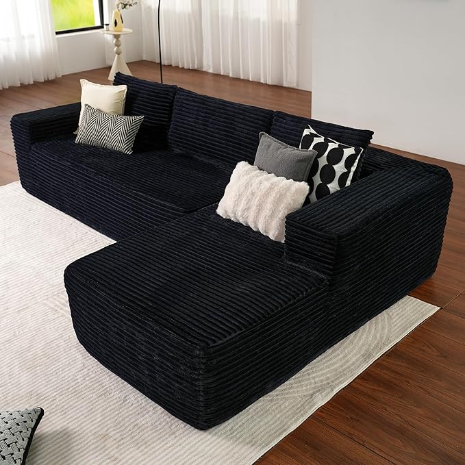 ovios 104" Cloud Sectional Couch with L-Shape Chaise,Modern Modular Sofa with Deep Seat, Upholstered Couches for Living Room Bedroom,No Assembly Required, Black (Plush Corduroy Fabric)-Ruum Studio Home