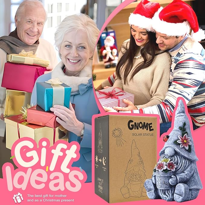 Goodeco Sitting Gnome Holding Flower Statue - Solar Garden Gnomes Decor for Outside with LED Lights, for Women or Moms, Housewarming Gnome Decorations-Ruum Studio Home