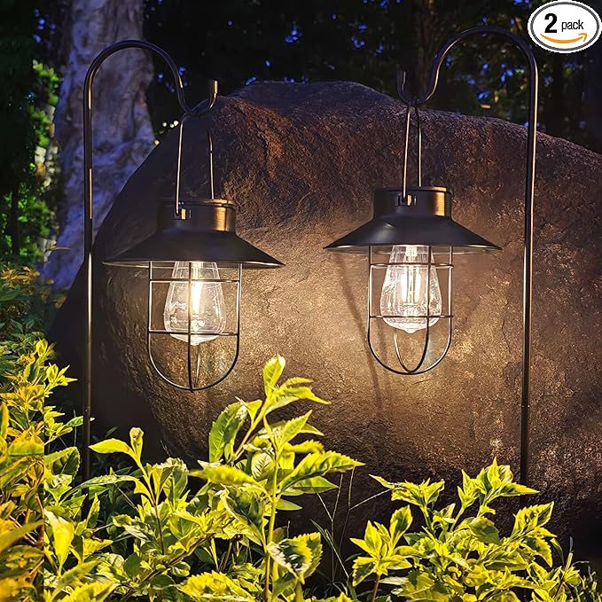 Solar Lantern 2pack Outdoor Hanging Light- Waterproof Vintage Metal Light with Shepherd Hook Decorative for Patio, Backyard, Porch, Yard (Black)-Ruum Studio Home