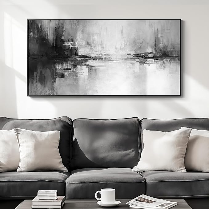 Framed Extra Large Black and White Abstract Canvas Wall Art, Modern Minimalist Horizontal Prints Painting Artwork for Walls, Black Grey Pictures Wall Decor for Living Room Hallway Bedroom Office 30x60 In-Ruum Studio Home