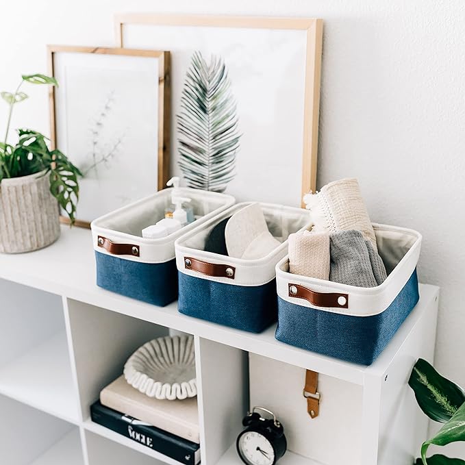 OrganiHaus Small Fabric Storage Baskets for Shelves 3 Pack, 12x8in Closet Storage Bins for Shelves, Cloth Baskets for Organizing, Linen Closet Organizers, Fabric Basket, Navy Blue/White-Ruum Studio Home