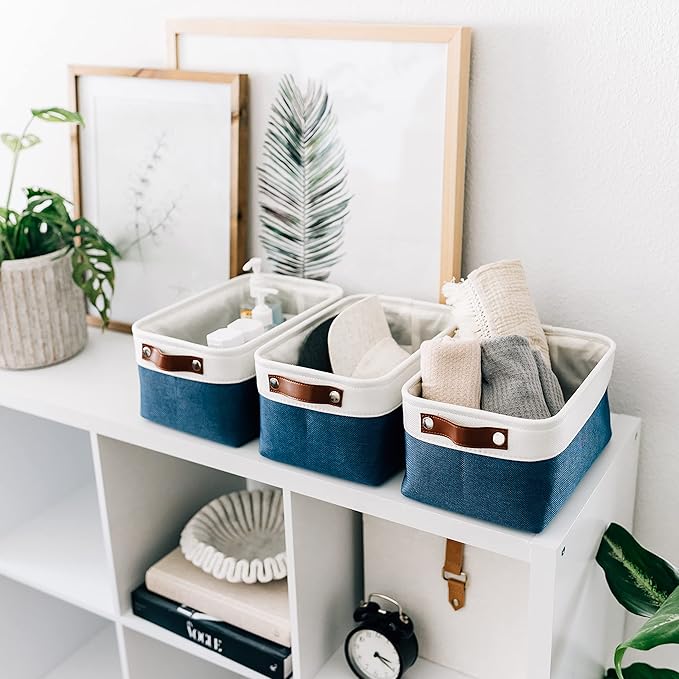 OrganiHaus Small Fabric Storage Baskets for Shelves 6 Pack, 12x8in Closet Storage Bins for Shelves, Cloth Baskets for Organizing, Linen Closet Organizers, Fabric Basket, Navy Blue/White-Ruum Studio Home