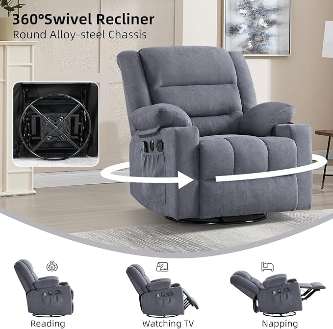Rocker Recliner Chair with Heat and Massage, 360° Swivel Recliner Chairs for Adults, Heavy Duty Reclining Sofa Chair with USB Port Cup Holders Side Pockets for Living Room (Grey)-Ruum Studio Home