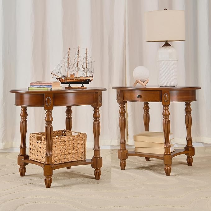 Solid Wood End Table with Drawer and Storage Shelf, Oval Sofa Side Table with Carved Legs, Living Room Corner Table, Large Beside Table, Elegant Vintage, No-Tools Assembly, Caramel Brown CJZ1533MG-Ruum Studio Home