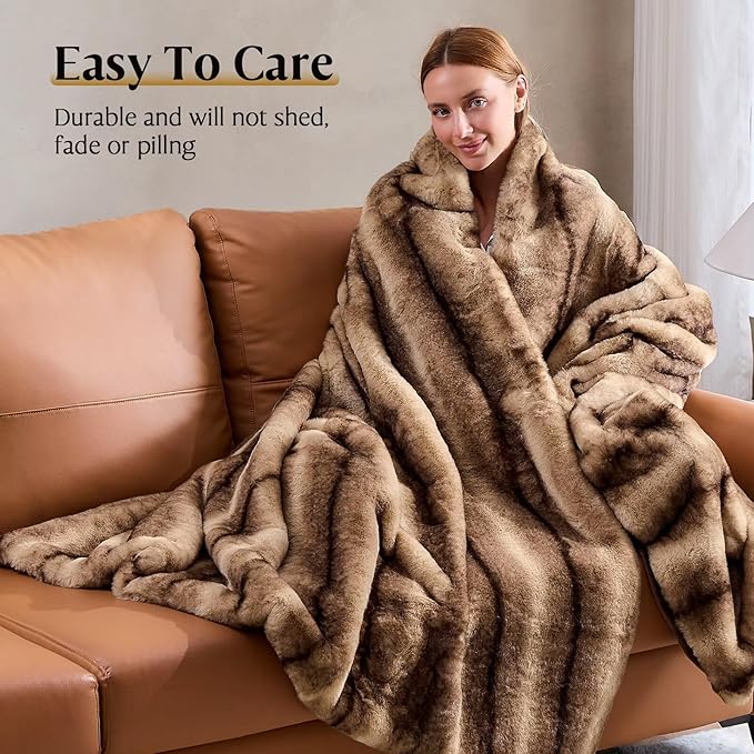 Luxury Faux Fur Blanket - Soft Warm Plush Blankets for Couch Sofa Bed, Fluffy Thick Throws for Bedroom, Office, Living Room, Decorative Reversible, Not Easy to shed - 70"x90", Brown-Ruum Studio Home