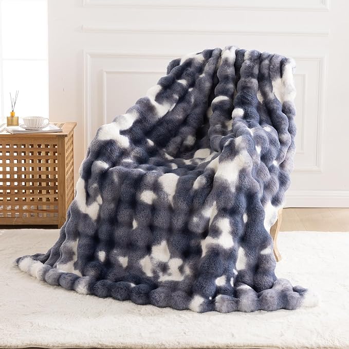 Cozy Faux Fur Throw Blanket for Bed Warm Fuzzy Throw Blanket, Soft Plush Thick Bubble Blankets for Bedroom and Living Room, Furry Luxury Blanket, 60 x 80,Tie-Dye Blue-Ruum Studio Home