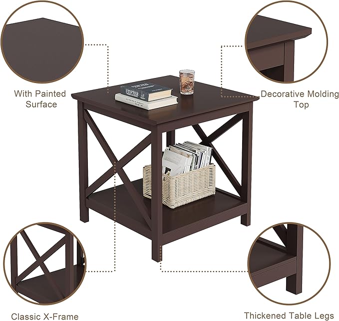 ChooChoo End Table, 24 Inch End Table with 2-Tier Storage Shelf, Side Table for Living Room, Wood Nightstand for Bedroom, Office, Painted Surface, Espresso-Ruum Studio Home