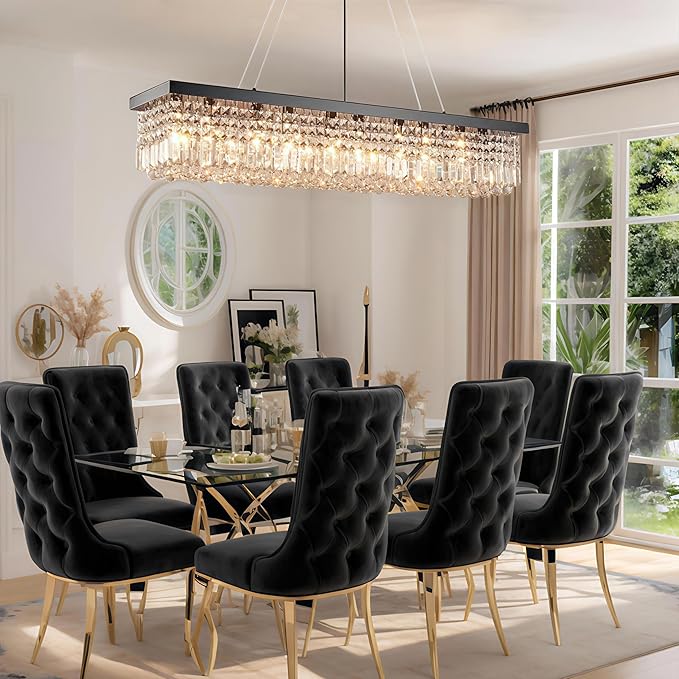 Rectangular Black Crystal Chandelier,10 Light Crystal Chandeliers for Dining Room, Rectangle Light Fixture for Kitchen Island L47''xW10''x H10''-Ruum Studio Home
