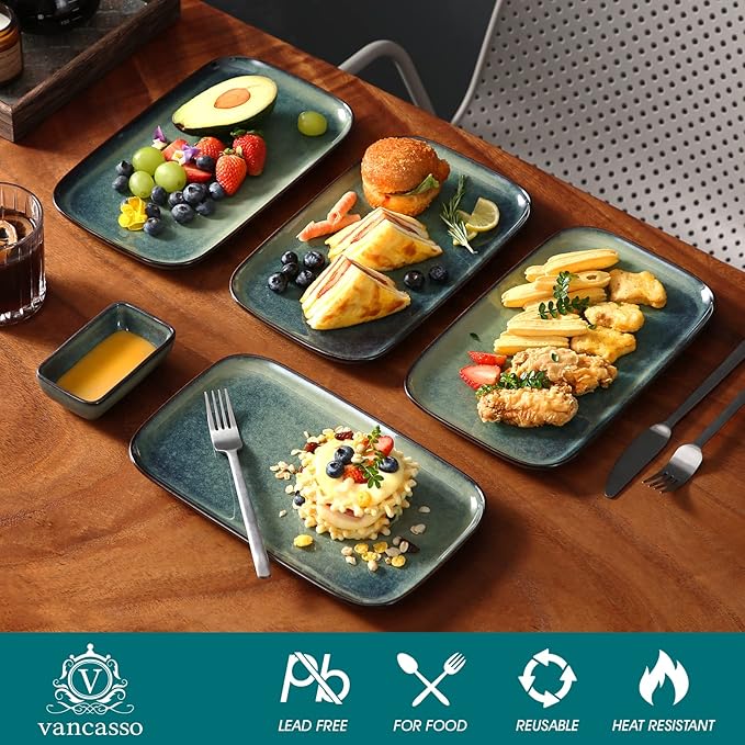 vancasso Stern Serving Platters Set of 4, 11 Inches Rectangular Ceramic Serving Plates, Green Serving Trays for Entertaining-Ruum Studio Home