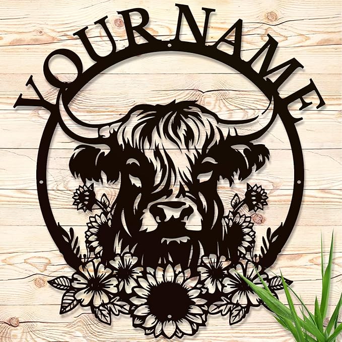 Personalized Highland Cow Name metal Signs,Custom Highland Cow Metal Shed Wall Decor,Black Metal Wall Art Plaques Outdoor wall Decorative Signage (Style H)-Ruum Studio Home