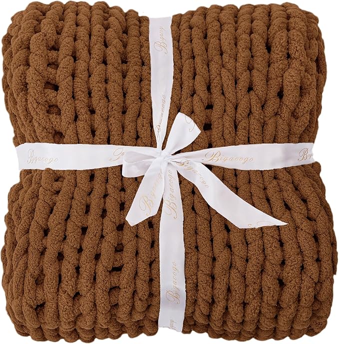 Bigacogo Chunky Knit Throw Blanket for Couch, 40x80 inches, 100% Hand Knitted with Thick Jumbo Chenille Yarn, Cozy Soft Large Rope Knot Cable Crochet Blankets for Sofa Bed Living Room, Caramel-Ruum Studio Home