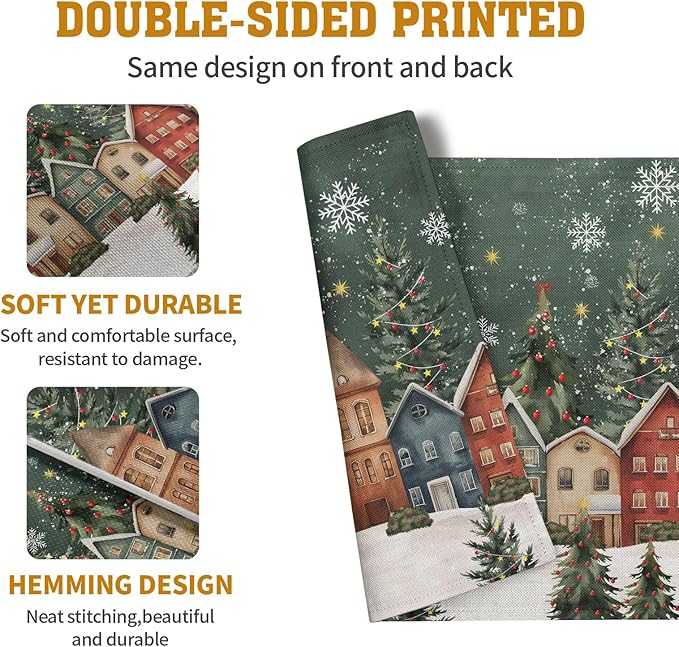 Christmas Placemats 12x18 Inch Set of 4, Winter Xmas Tree Wonderland Forest Village Town House Snowflake Linen Table Mats Washable Place Mats for Party Kitchen Dining Outdoor Indoor Decor-Ruum Studio Home