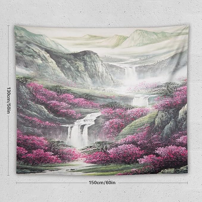 Japanese Tapestry, Red Plum Blossom Mountain Tapestry, Asian Japanese Wall Tapestry, Nature Landscape Tapestries for Bedroom Living Room Decor 60"x50"-Ruum Studio Home