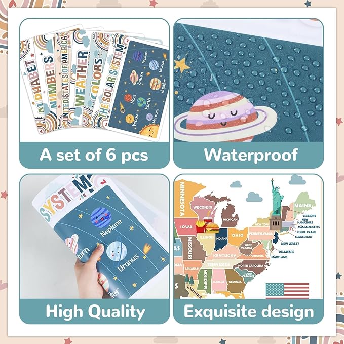 Educational Preschool Kids Placemats Set of 6 Boho Plastic Table Mats Toddler Children Montessori Place Mats for Kids Washable Holiday Desk Decoration for Indoor Outdoor Party Kitchen Dining Table-Ruum Studio Home