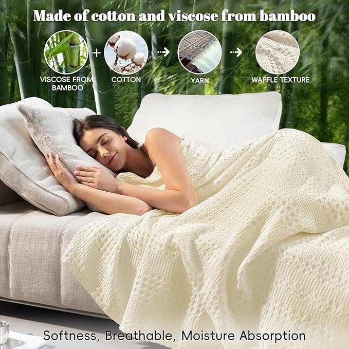 PHF Cooling Waffle Blanket King Size, Lightweight 60% Rayon Derived from Bamboo & 40& Cotton Breathable Blanket for Hot Sleepers, Soft and Luxury for Bed Couch and Sofa, 104"x90", Ivory-Ruum Studio Home