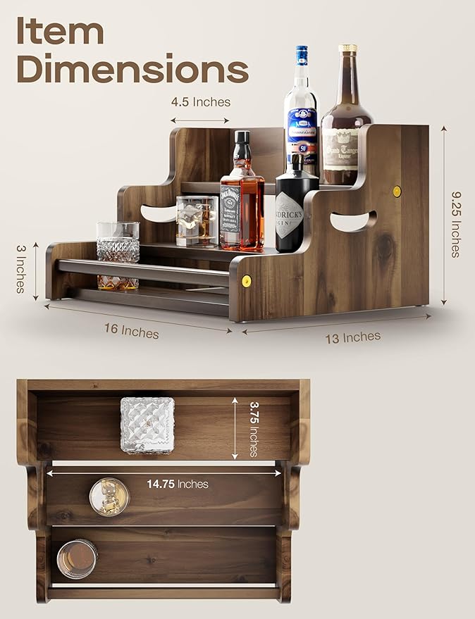 Tinamo Acacia Wood Liquor Bottle Display Shelf – 3-Tier Countertop Wine Rack, Bar Shelf – Whiskey Bar Stand for Home, Bottle Organizer for Countertop – Wine Holder with Handles (Walnut Color)-Ruum Studio Home