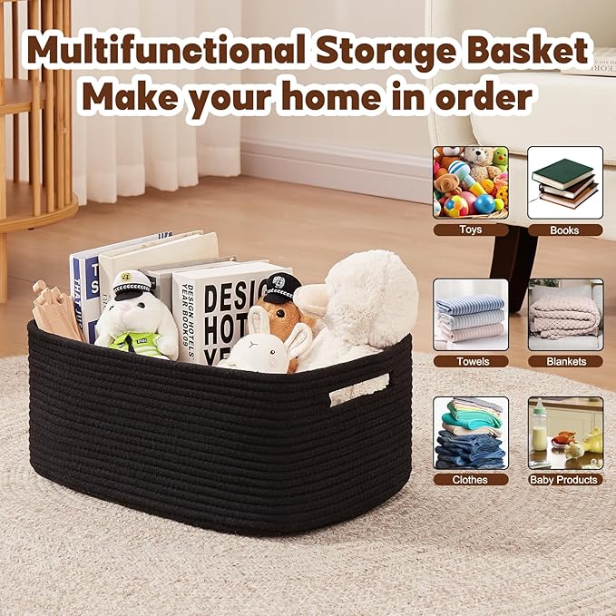 OIAHOMY Storage Basket for Shelves, Closet Cube Storage Bins Baskets for Clothes Blanket Towels, Baby Nursery, Toy Baskets Box, Woven Rope Basket, 15.75*11.81*7.09 IN, 2 Packs Black-Ruum Studio Home