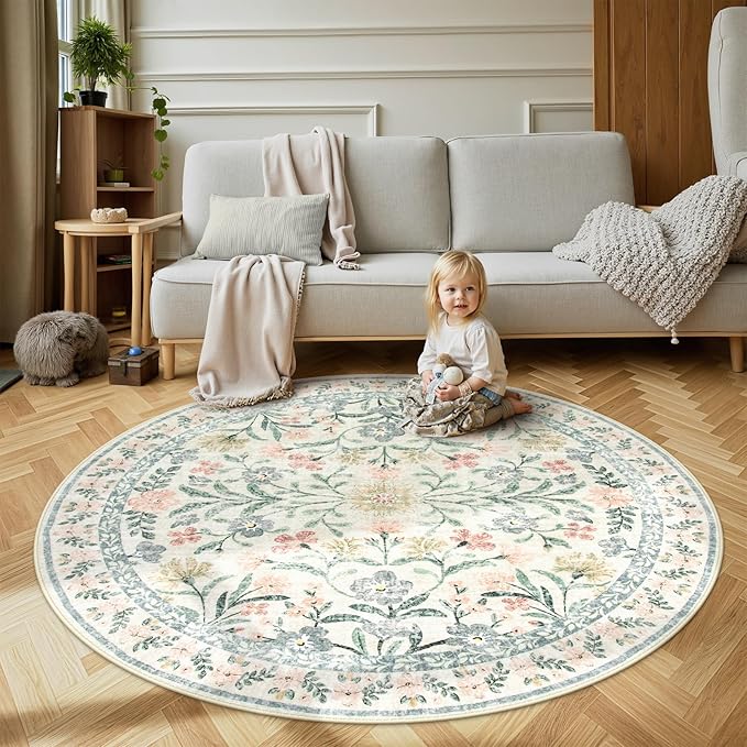 Wonnitar Floral Round Rugs 6ft, Boho Large Machine Washable Circle Rug, Low Pile Soft Flower Botanical Print Beige Round Carpet for Living Room Bedroom Dorm Sunroom-Ruum Studio Home