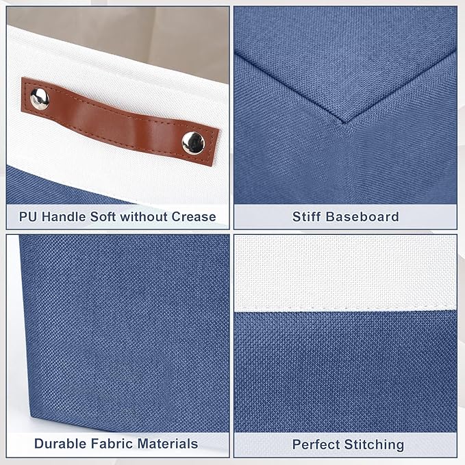 Large Fabric Storage Baskets | 50L Storage Bins, Decorative Linen Closet Baskets with Handles for Organizing, Shelf, Toys, Clothes, Home, Office, Nursery, 17x12x15Inches (Navyblue&White)-Ruum Studio Home