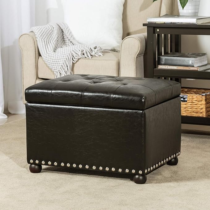 Joveco Leather Storage Ottoman, 24" Rectangle Tufted Foot Rest Stool, for Living Room Bedroom, Midnight Black-Ruum Studio Home