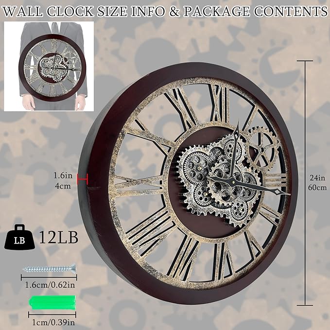 HOIBAI Large Wall Clock, Wall Clocks for Living Room Decor 30 Inch Farmhouse Vintage Rustic Kitchen Wall Decor Vintage Roman Oversized Wall Clock for Home Bedroom House, Moving Gears Clock-Ruum Studio Home