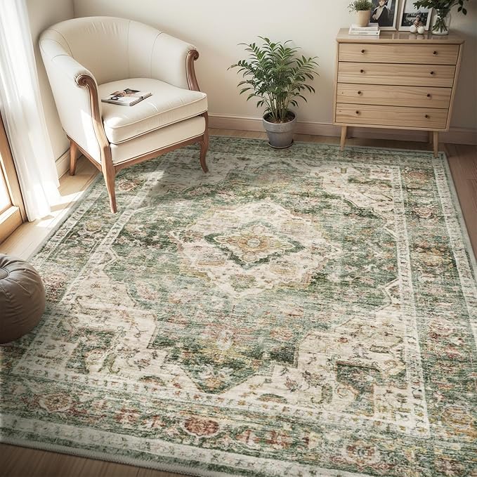 AMOAMI-4X6 Area Rugs for Living Room -Soft Vintage Bedroom Rugs-Non Slip Washable Rug-Throw for Living Room Bedroom Bedside Dining Room Office Green-Ruum Studio Home