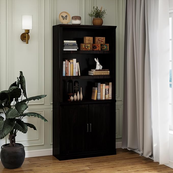 70 Inch Tall Bookcase with Doors, Library Office Bookshelf with Adjustable Shelves, Floor Standing Storage Cabinet for Bedroom Living Room Organizer with Anti Tipping Kit, Dark Cherry Finish-Ruum Studio Home