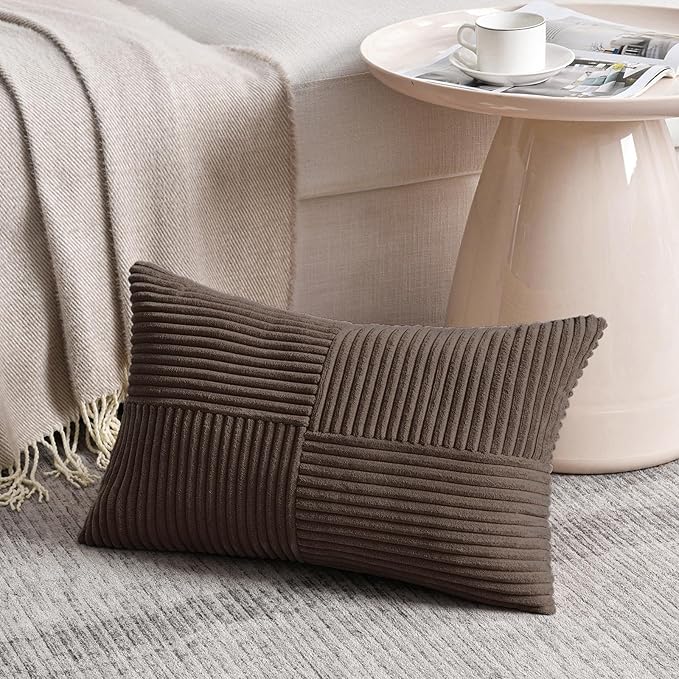 Fancy Homi 2 Packs Dark Brown Long Lumbar Decorative Throw Pillow Covers 12x24 Inch for Couch Bed Sofa, Rustic Farmhouse Boho Home Decor, Soft Striped Corduroy Rectangle Accent Cushion Case 30x60 cm-Ruum Studio Home