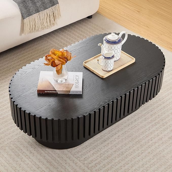 43.7" Oval Coffee Table for Living Room,Modern Handcraft Drum Coffee TableSmall Wooden Coffee Table with Sturdy Pedestal Easy Assembly for Office-Black-Ruum Studio Home