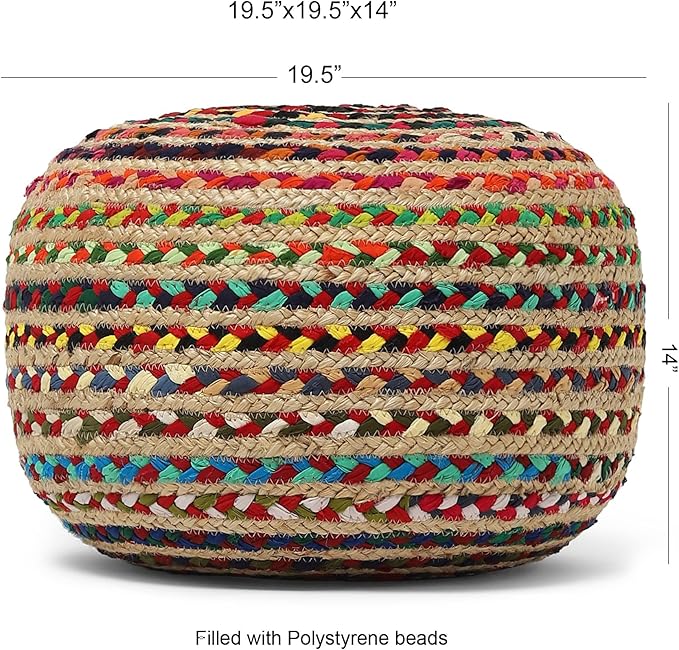 REDEARTH · Round Pouf Ottoman - Braided Boho Poof Home Décor Pouffe Accent Sitting Circular Foot Rest for Living Room, Bedroom, Nursery, Lounge; Jute and Cotton Set of 2 (19.5"x19.5"x14"; Multi)-Ruum Studio Home