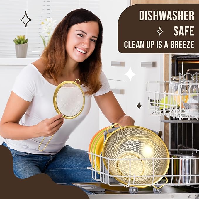 Norme 7 Quart Stainless Steel Gold Colander and 3 Pcs Gold Fine Mesh Strainer, Stainless Steel Pasta Rice Food Metal Strainer with Handles, Easy Clean and Dishwasher Safe-Ruum Studio Home
