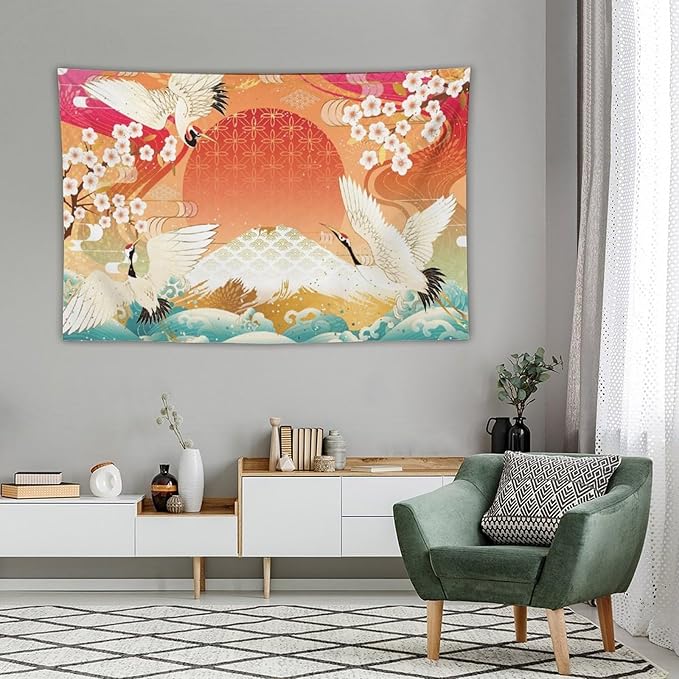 HZOHNAGO Japanese Tapestry Cherry Blossom Crane Sea Wave Fuji Mountain Red Sun Pattern Printed Wall Tapestry Painting Wall Hanging for Bedroom Living Room Dorm 60" W x 40" H-Ruum Studio Home