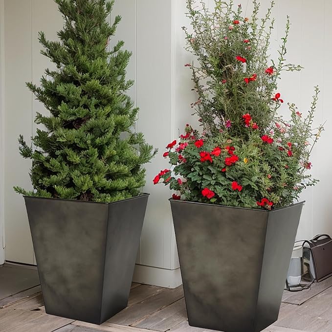 KOL 18''H. Bright Glazed Planter with Drainage Hole, Set of 2, Galvanized Steel Planter Pots for Indoor & Outdoor Use, Decorative Flower Plant Pots for Front Porch, Patio, Deck - Black-Ruum Studio Home