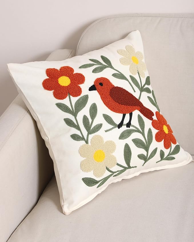 Throw Pillow Cover with Bird Embroidery – 18x18 inch Handmade Punch Needle Cushion Cover – 100% Cotton Decorative Pillow for Couch, Bed or Living Room – Boho Nature-Inspired Home Decor-Ruum Studio Home