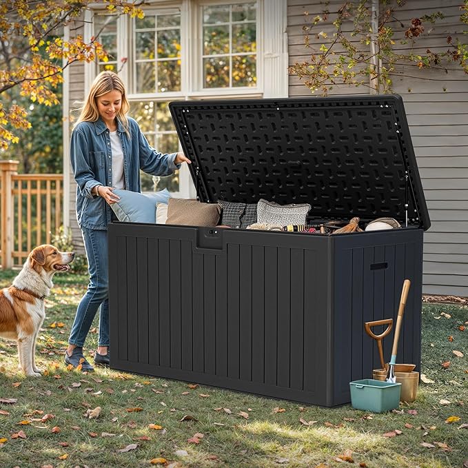 YITAHOME 200 Gallon Extra Large Deck Box, Double-Wall Resin Outdoor Storage Box with Flexible Divider for Patio Cushions Pool Supplies Garden Tools, 990 lbs Load Capacity, Lockable (Black)-Ruum Studio Home