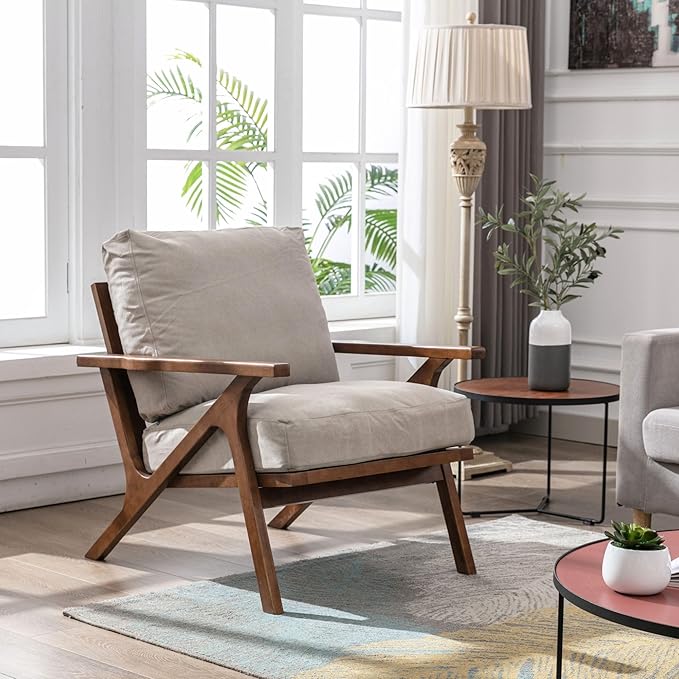 Wahson Set of 2 Mid Century Chair, Upholstered Accent Armchairs, with Wood Frame and Canvas Cushions, Leisure Slipper Chair for Living Room/Bedroom, Beige-Ruum Studio Home