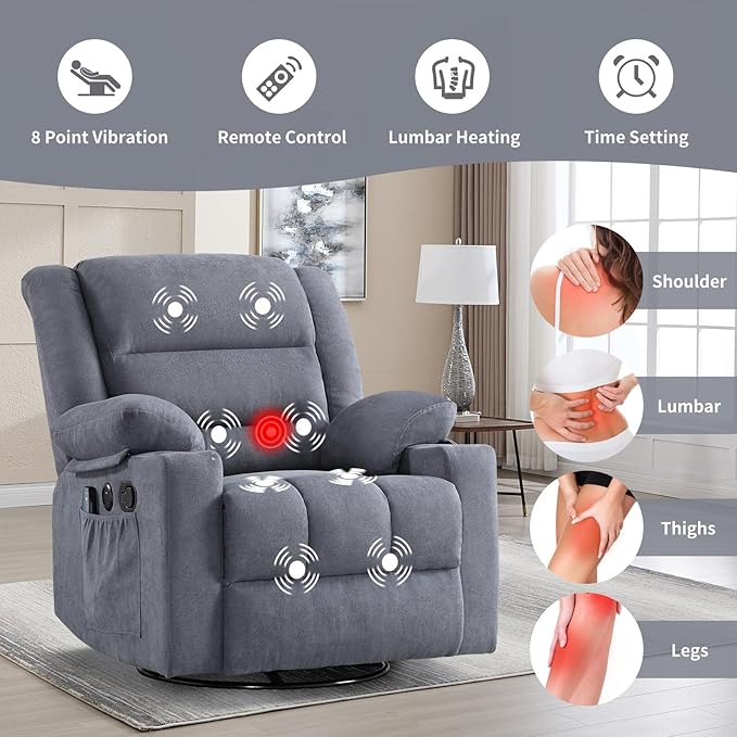 Rocker Recliner Chair with Heat and Massage, 360° Swivel Recliner Chairs for Adults, Heavy Duty Reclining Sofa Chair with USB Port Cup Holders Side Pockets for Living Room (Grey)-Ruum Studio Home