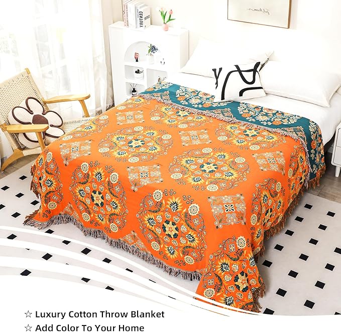 Boho Large Throw Blanket, 100% Organic Cotton Breathable Soft Bed Throw - Floral Farmhouse Decor Blanket for Sofa Couch Chair and Gift. 91" x 98"- Orange-Ruum Studio Home