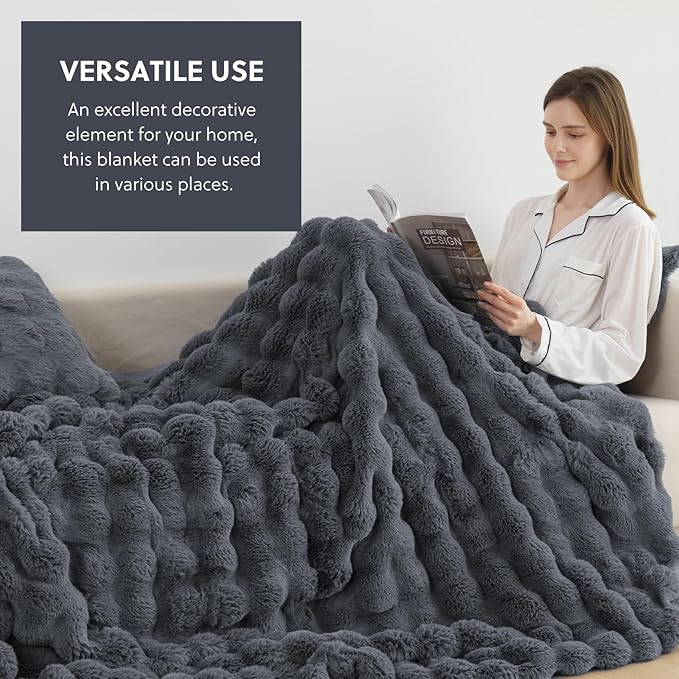 Cozy Faux Fur Throw Blanket for Couch Warm Fuzzy Throw Blanket, Soft Plush Thick Bubble Blankets for Bedroom and Living Room, Furry Luxury Blanket, 50 x 60, Grey-Ruum Studio Home