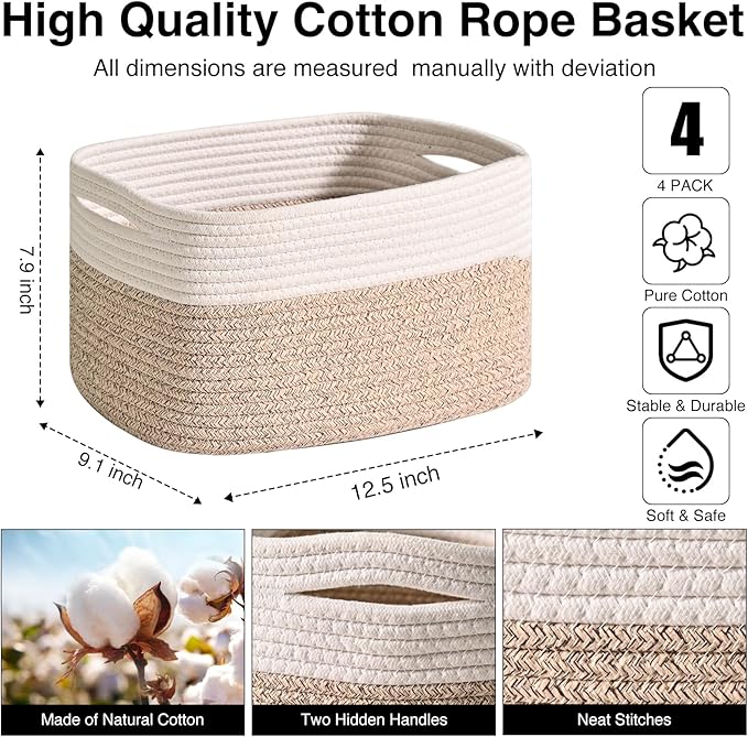 Storage Baskets for Shelves, Woven Storage Basket, Bins for Cube Storage, Cotton Rope Basket with Handles for Toy, Book, and Clothes Living Room, (4 Packs) Off White & Brown-Ruum Studio Home