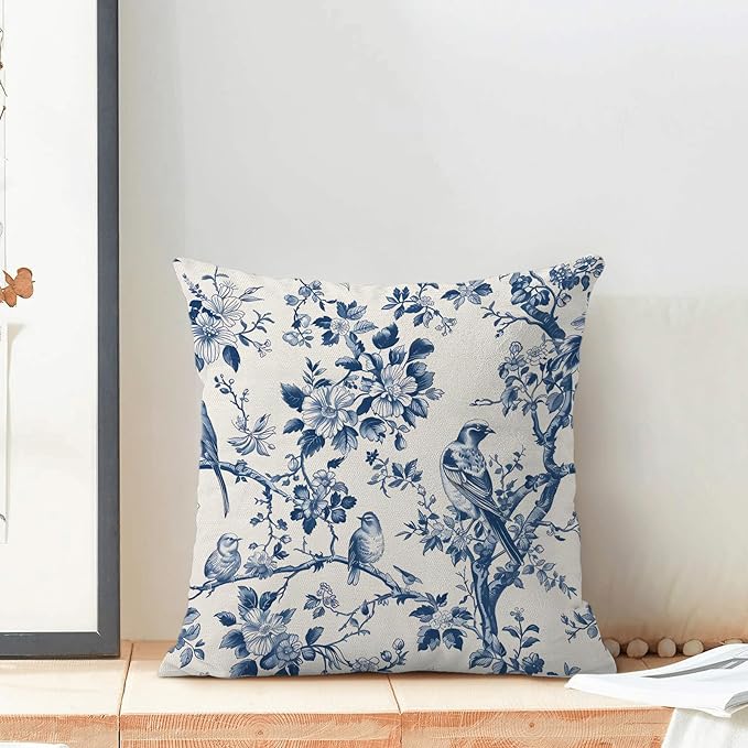Navy Blue Spring Floral Pillow Covers 18 x 18 Inch Set of 2 for Vintage Chinoiserie Flowers Bird Decor Throw Pillows Plant Farmhouse Outdoor Decorative Cushion Cases for Couch Bed Decorations-Ruum Studio Home