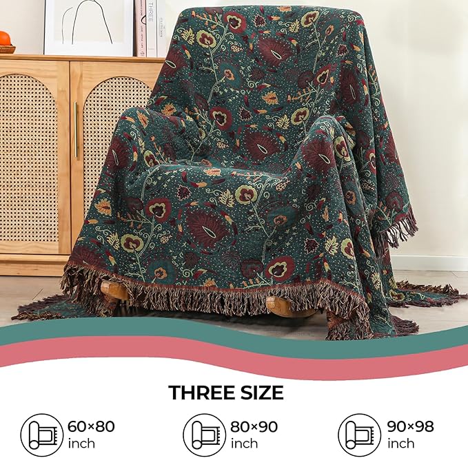 Boho Fall Throw Blanket for Bed，100% Ultra Cotton Soft Breathable Bed Throw Floral Printed Farmhouse Decor Rustic Bed Throws for Couch Sofa Quilt 90" x 98"-Ruum Studio Home