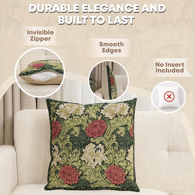 Charlotte Home Furnishings Throw Pillow Covers 16x16 in, Green Chrysanthemum Decorative Pillow Covers, Boho European Tapestry Cushion Cases, Living Room Cozy Home Decor, Jacquard Woven Soft Cotton-Ruum Studio Home