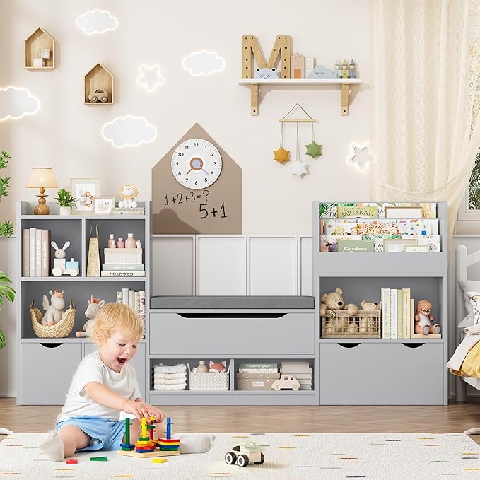 FOTOSOK 72” Kids Bookshelf with Reading Nook, Large Toy Storage Organizer with Seat Cushion and 3 Movable Drawers, Kids Reading Nook Toy Organizers and Storage with Bench for Living Room, Grey-Ruum Studio Home