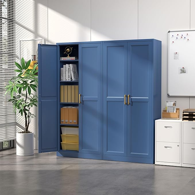 Kitchen Pantry Cabinet,71”Blue Metal Pantry Storage Cabinets with Doors and 4 Adjustable Shelves,Kitchen Cabinet with 2 Gold Handles,Tall Cabinet for Livingroom,-Ruum Studio Home