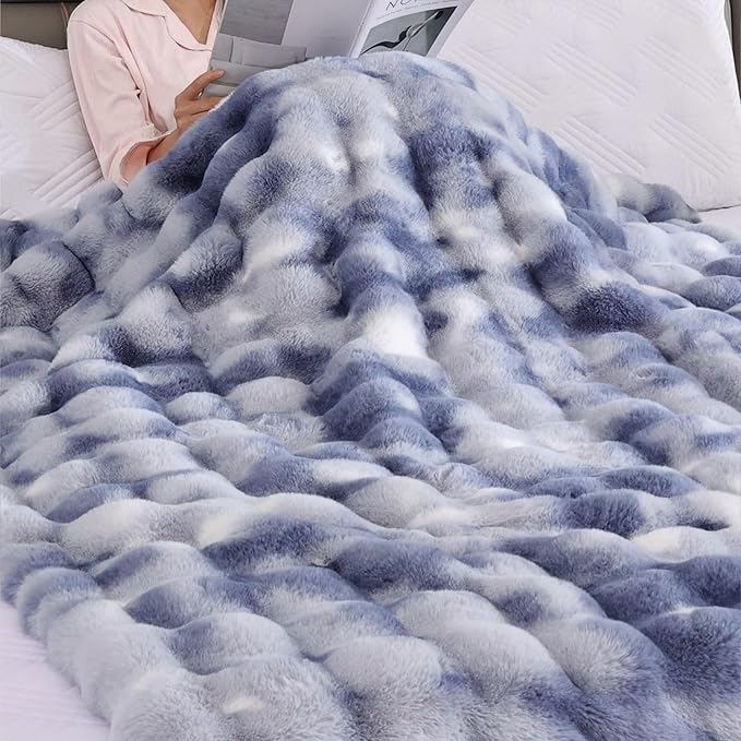 Tie-dye Blue Twin Cozy Faux Fur Blanket for Couch Bed Living Room 60x80 Furry Soft Fluffy Thick Warm Throw Blanket for Winter Home Gifts 860 GSM-Ruum Studio Home