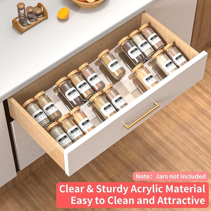 4-Tier Non-Slip Spice Drawer Organizer, 4-Pack Checkered Frosted Clear Acrylic, Expandable (11''-22'') Spice Rack for Kitchen Drawer Storage – Holds Seasonings, Herbs, and Spices (Jars Not Included)-Ruum Studio Home