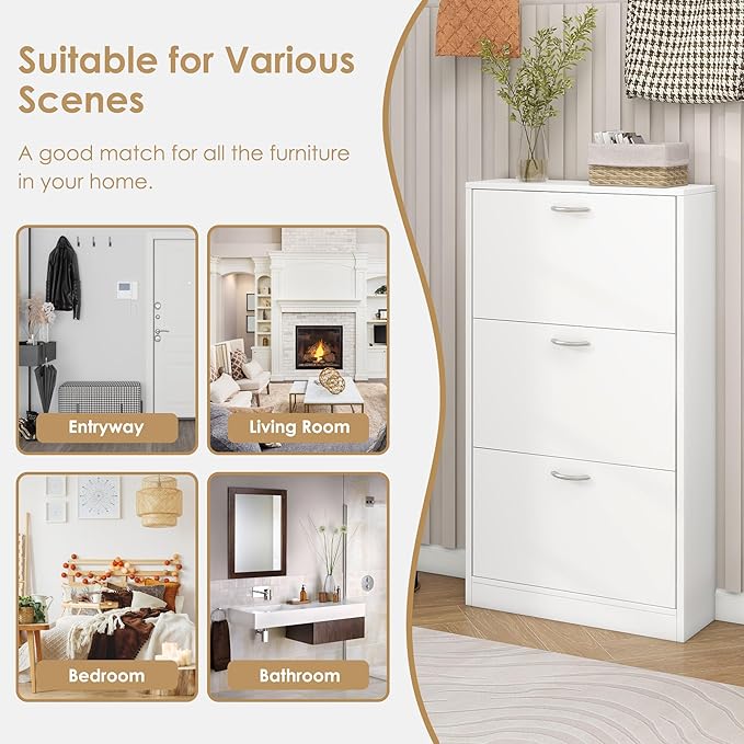Shoe Storage Cabinet with 3 Flip Drawers, Narrow Shoe Cabinet Freestanding Slim Shoe Storage Organizer for Entryway, Hallway, Entrance, Bedroom, Living Room, White-Ruum Studio Home