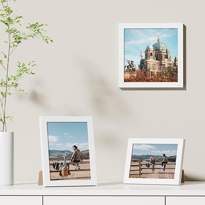 Vittanly 8x8 Picture Frames Set of 9, Shatter Resistant Plexiglass, Display 4x4 Pictures with Mat or 8x8 without Mat, Photo Frames for Wall Mount, Engineered Wood, White-Ruum Studio Home