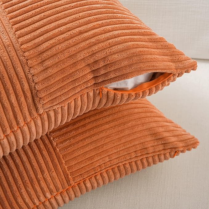 Fancy Homi 2 Packs Burnt Orange Lumbar Decorative Throw Pillow Covers 12x20 Inch for Living Room Couch Bed Sofa, Farmhouse Boho Home Decor, Soft Striped Corduroy Rectangle Accent Cushion Case 30x50 cm-Ruum Studio Home